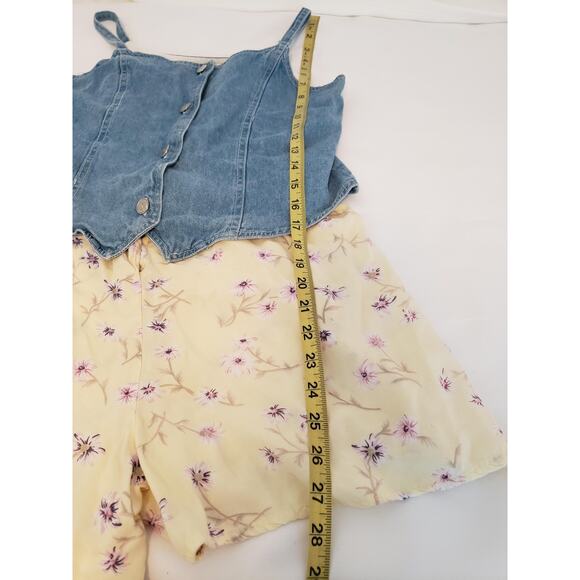 Vintage Skort Romper Girls XL Blue Denim Yellow Floral Spaghetti Strap One Piece - Picture 7 of 15